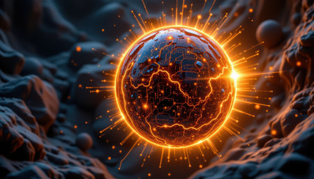 Futuristic glowing planet with intricate circuits and radiant energy bursts on a textured dark surface, representing advanced technology and cosmic phenomenaの素材