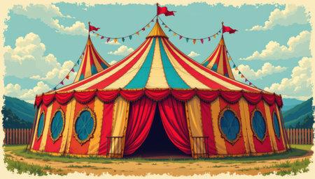 Colorful Vintage Circus Tent Surrounded by Green Hills and Blue Sky Featuring Flags, Bunting, and Red Curtains in a Playful Landscape Sceneの素材
