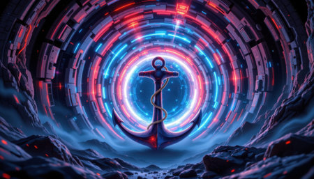 Futuristic digital anchor in cosmic swirl, representing hope, stability, and adventure in a vibrant, glowing environment filled with abstract patterns.の素材