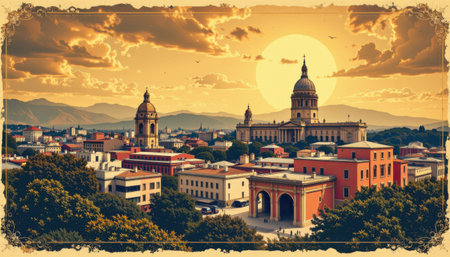 Majestic Sunrise Over Historic Cityscape with Architectural Landmarks, Mountains in Background and Sunlight Glowing Across Rooftops and Treesの素材
