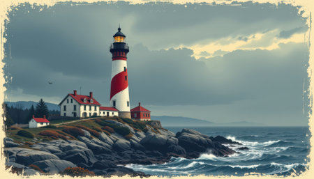 Scenic View of a Historic Lighthouse Standing Tall on Rocky Coastline Under Dramatic Cloudy Sky with Gentle Waves Crashing on the Shorelineの素材