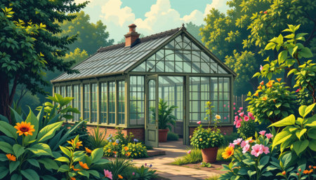 Lush Greenhouse Surrounded by Vibrant Flowers and Lush Foliage in a Serene Garden Setting with Blue Sky and Soft Cloudsの素材