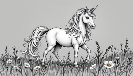 Enchanting Unicorn in a Serene Meadow Surrounded by Delicate Flowers and Cheerful Grass on a Subtle Gray Backgroundの素材