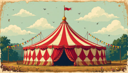 Vintage Circus Tent Surrounded by Lush Greenery and Clear Blue Sky Featuring Colorful Flags and Banners for an Enchanting Outdoor Festival Sceneの素材