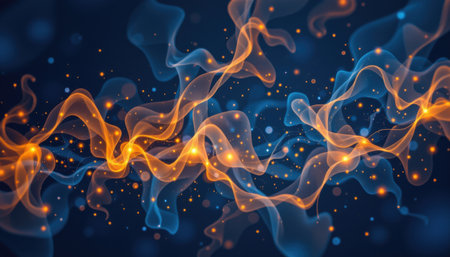 Abstract flowing waves of vibrant orange and blue hues on a deep navy background creating a captivating sense of movement and energy in visual artの素材