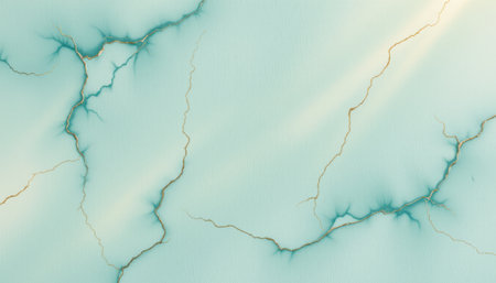Abstract turquoise background with delicate gold lines creating a unique pattern of cracks and textures for artistic designs and modern presentationsの素材