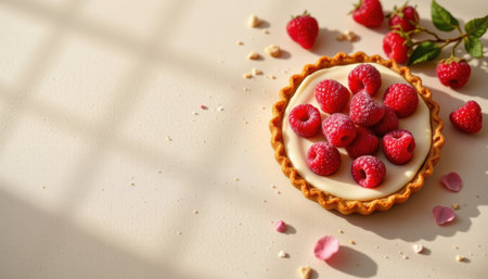 Fresh Raspberry Tart with Creamy Filling and Sweet Garnishes on Light Background with Soft Shadows and Natural Elementsの素材