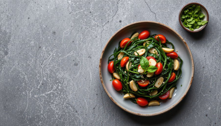 Fresh Green Salad with Cherry Tomatoes and Garlic on Rustic Plate Against Textured Gray Backgroundの素材