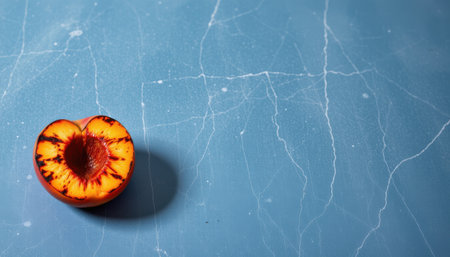 Single Halved Peach on Smooth Blue Surface with Subtle Lines and Textures, Highlighting Natural Color and Detail in Food Photographyの素材