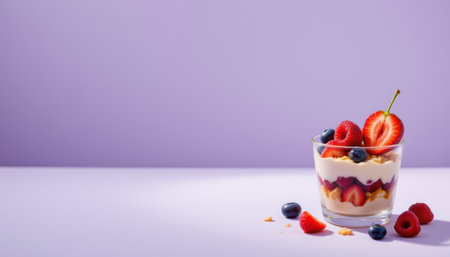 Fresh and Colorful Yogurt Parfait with Raspberries, Strawberries, Blueberries, and Creamy Yogurt on a Soft Purple Background for Healthy Eatingの素材