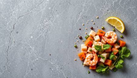 Fresh Shrimp Salad with Colorful Vegetables and Lemon Slice on a Gray Marble Surface, Perfect for Healthy Dining or Culinary Inspirationの素材