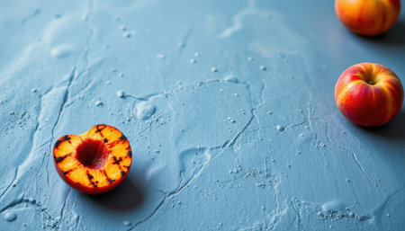 Freshly Cut Juicy Peach Halved on a Textured Light Blue Surface with Whole Peaches in Background for Summer Fruit Concept and Culinary Inspirationの素材