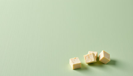 Creamy White Cubes of Chocolate on Soft Green Background for Pastel Themed Dessert and Candy Concepts or Bakery Product Visualsの素材
