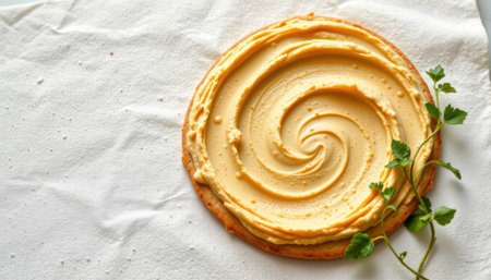 Freshly made spread with a creamy texture elegantly swirled on a golden crust, garnished with green herbs on a white tablecloth in a bright settingの素材