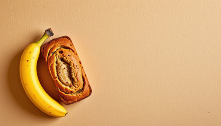Fresh ripe banana next to delicious sliced banana bread on a soft beige background, perfect for dessert or breakfast photography and food styling needs.の素材