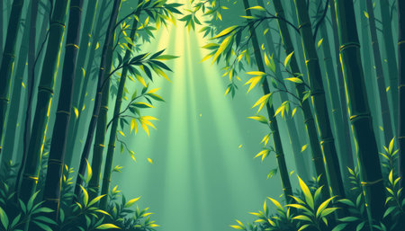 Serene Bamboo Forest with Sunlight Filtering Through Green Leaves and Tranquil Atmosphere for Nature and Wellness Themesの素材