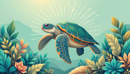Colorful Sea Turtle Swimming Through Vibrant Tropical Leaves with Sunburst Background in a Whimsical Art Styleの素材