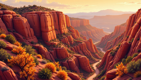 Serene Sunset Over Majestic Red Rock Canyon with Rolling Hills, Wildflowers, and Lush Vegetation in a Peaceful Desert Landscapeの素材