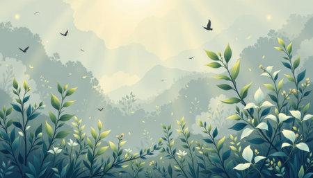 Serene Landscape with Lush Green Plants and Soft Sunlight Filtering Through Misty Mountains and Birds in Blue Skyの素材