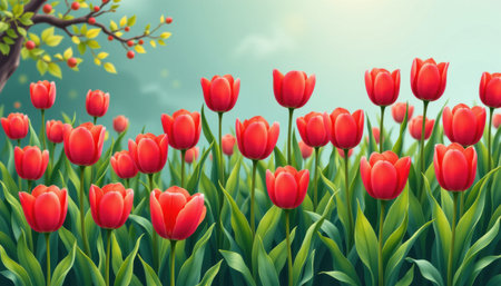 Vibrant Red Tulips in a Sunlit Field with Soft Green Background and Gentle Breeze Enhancing Spring's Beauty and Freshness in Nature's Paletteの素材