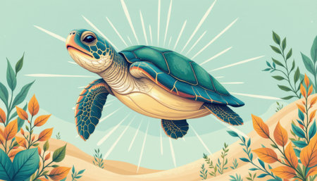 Vibrant Sea Turtle Swimming Gracefully in an Artistic Underwater Setting Surrounded by Lush Greenery and Colorful Leaves, Captivating Ocean Sceneの素材
