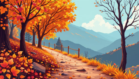 Serene Autumn Landscape with Vibrant Orange and Yellow Foliage along a Scenic Pathway Mountains in the Background Under a Clear Blue Skyの素材