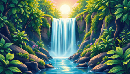 Serene Waterfall in Lush Green Jungle with Vibrant Flora and Calm Waters Reflecting Sunlight Amidst Peaceful Nature Settingの素材