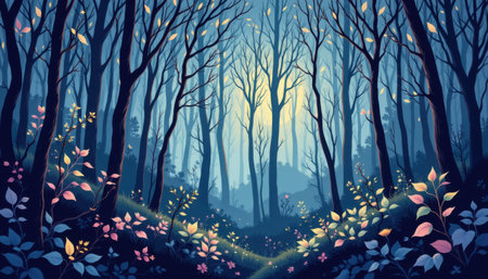 Enchanted Forest with Dark Blue Sky Illuminated by Soft Light and Colorful Flora, a Tranquil and Mystical Atmosphere for Peaceful Meditative Momentsの素材