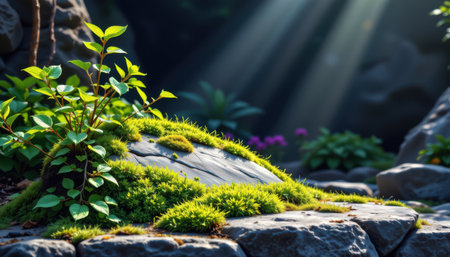 Lush Green Moss Growing on Rocky Surface with Sunlight Illuminating the Scene in a Serene Natural Environmentの素材