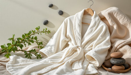 Cozy white bathrobe draped over a soft surface with smooth stones and greenery in a relaxing spa-inspired setting for wellness and comfortの素材