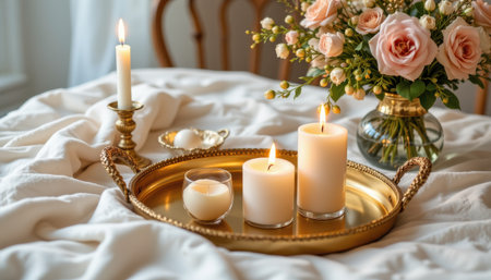 Cozy Evening Setup with Lit Candles, Beautiful Roses, and Elegant Tray on Soft Fabric Perfect for Romantic Atmosphere and Relaxing Momentsの素材