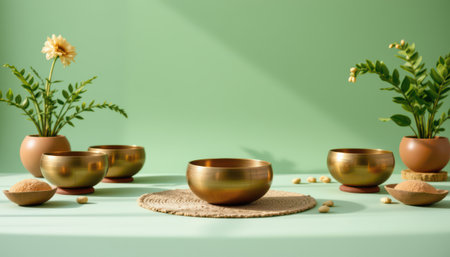 Elegant gold bowls on a soft green backdrop with plants and natural elements creating a serene and tranquil atmosphere for wellness and relaxationの素材
