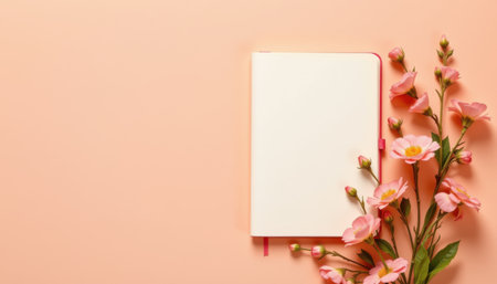 Elegant flat lay of pink flowers and a blank notepad on a soft peach background, perfect for creative ideas, organization, and floral design inspiration.の素材