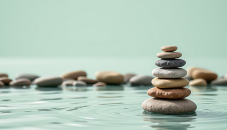 Serene Stack of Smooth Stones Balancing in Calm Water, Creating a Peaceful Atmosphere of Tranquility and Meditation in Soft Natural Lightingの素材