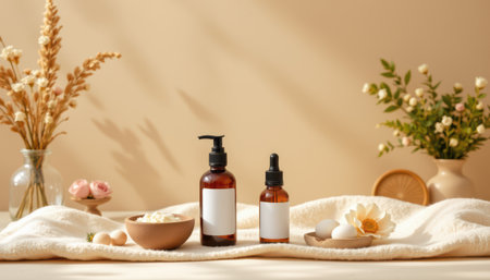 Elegant display of skincare products in amber bottles with natural ingredients, decorative flowers, and neutral background for wellness and beauty themesの素材