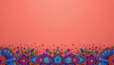 Vibrant Floral Pattern Border on Coral Background, Colorful Flowers with Detailed Design, Artistic Floral Motif for Background or Decorationの素材