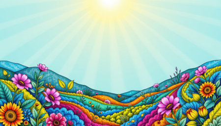 Vibrant Floral Landscape with Colorful Flowers and Sunlight Over Mountains in a Bright Blue Skyの素材