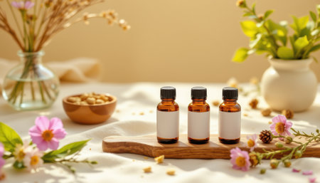 Natural Aromatherapy Essentials with Amber Glass Bottles and Floral Accents on a Rustic Wooden Surface in Soft Natural Lightの素材