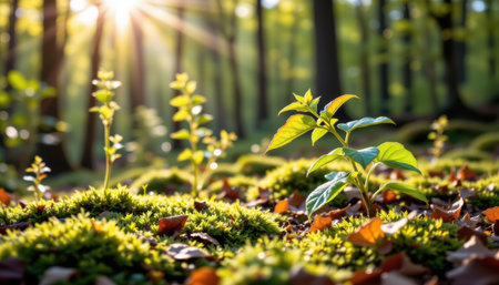 Sunlight Streaming Through Forest Canopy Illuminates Fresh Green Seedling Amidst Moss and Fallen Leaves in Vibrant Nature Settingの素材