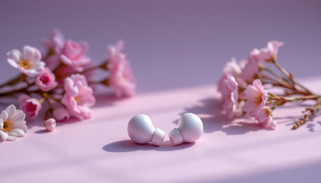 White Wireless Earbuds Surrounded by Pink Flowers on Soft Pink Background, Ideal for Music Lovers, Tech Enthusiasts, and Floral Aesthetic Loversの素材