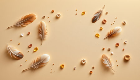 Elegant Arrangement of Golden and Brown Feathers Surrounded by Colorful Decorative Elements on a Smooth Beige Backgroundの素材