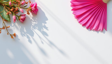 Vibrant Pink Fan and Blossoming Flowers on a Minimalist White Background with Soft Shadows Creating an Artistic and Serene Atmosphereの素材