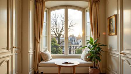 Cozy reading nook with a beautiful view of a cityscape, elegant curtains, and a stylish indoor plant, perfect for relaxation and inspirationの素材