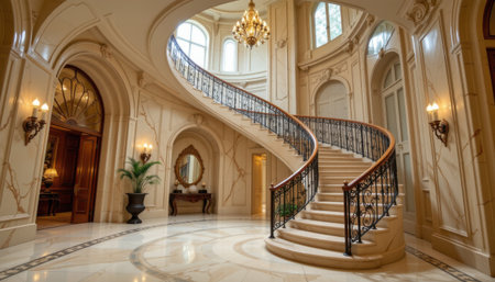Elegant interior of a luxurious mansion featuring a grand spiral staircase, marble flooring, ornate chandeliers, and intricate architectural detailsの素材