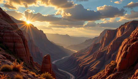 Majestic Desert Landscape at Sunset with Dramatic Sky and Serpentine River Below in Colorful Canyon Formationの素材