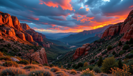 Majestic Sunset Over Rugged Mountains and Valleys in a Beautiful Desert Landscape with Colorful Skies and Lush Green Vegetationの素材