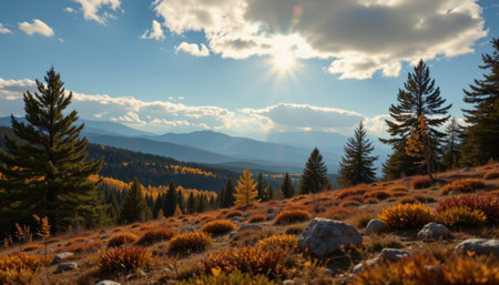 Serene Autumn Landscape with Rolling Hills and Majestic Pine Trees Under a Bright Blue Sky and Soft Sunlight Filtering Through Fluffy Cloudsの素材