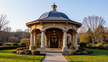 Elegant Outdoor Gazebo Surrounded by Lush Greenery and Vibrant Landscaping at Sunset, Perfect for Events and Gatherings in Beautiful Settingsの素材
