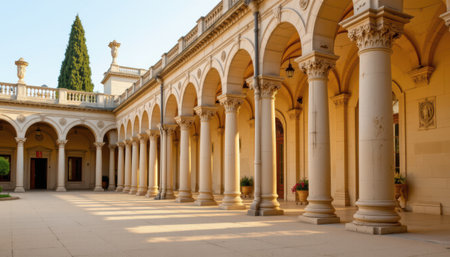 Beautiful architectural colonnade with elegant arches and warm sunlight showcasing classical design in a serene outdoor courtyard settingの素材