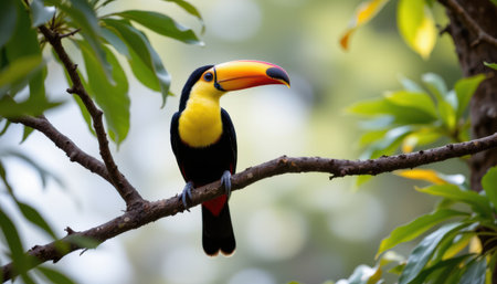 Vibrant Toucan Perched on a Branch Surrounded by Lush Green Foliage in a Tropical Settingの素材